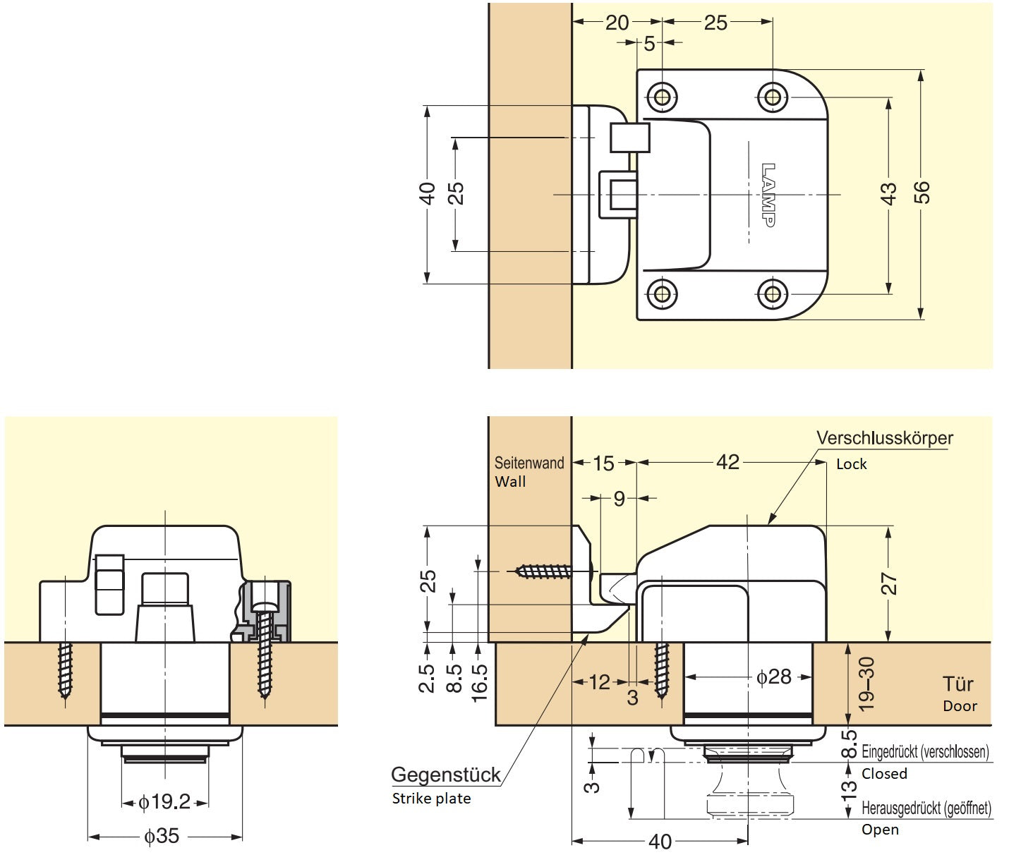 Bouton-pression de haute qualité avec fonction poignée, en laiton, surface : dorée, satinée mate, design : rond, TLP-SG et TLP-LBM(W). Bouton poussoir solide pour caravanes, yachts et bien plus encore, de Sugatsune / LAMP® (Japon)