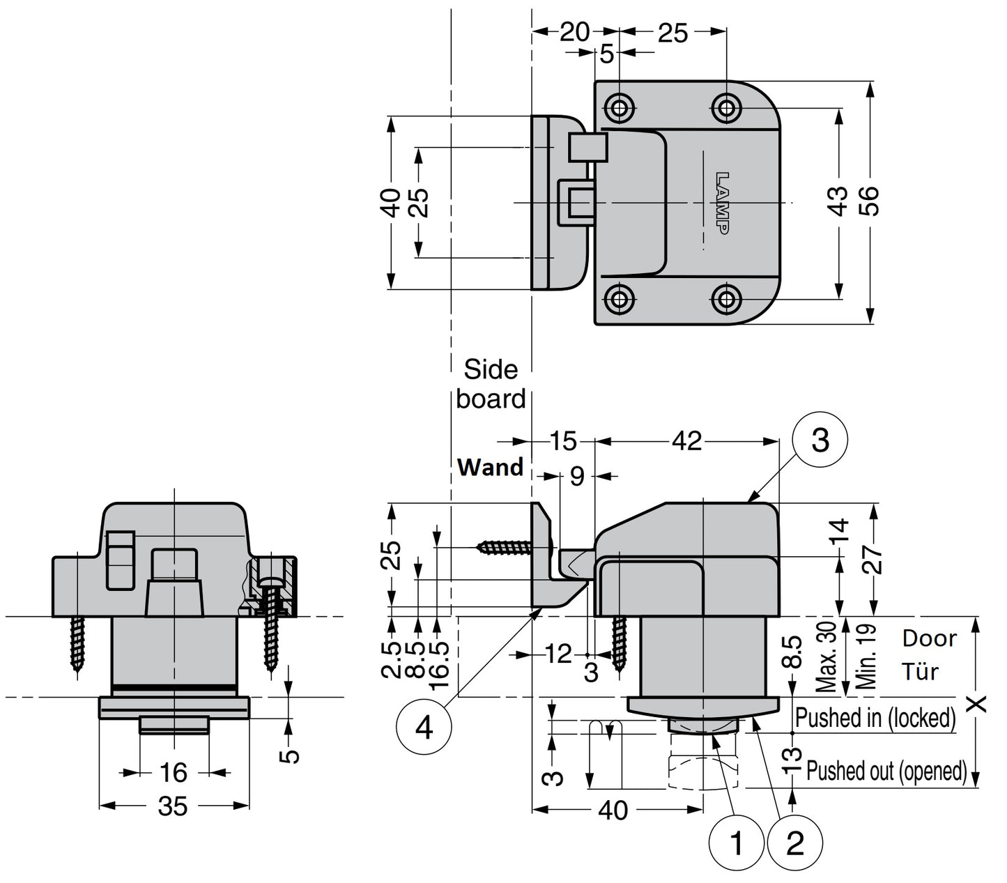 Bouton-pression de haute qualité avec fonction poignée, en laiton, surface : chromée, design : carré, TLP-S-BB-CR et TLP-LBM(W). Bouton poussoir solide pour yachts et bien plus encore, de Sugatsune / LAMP® (Japon)