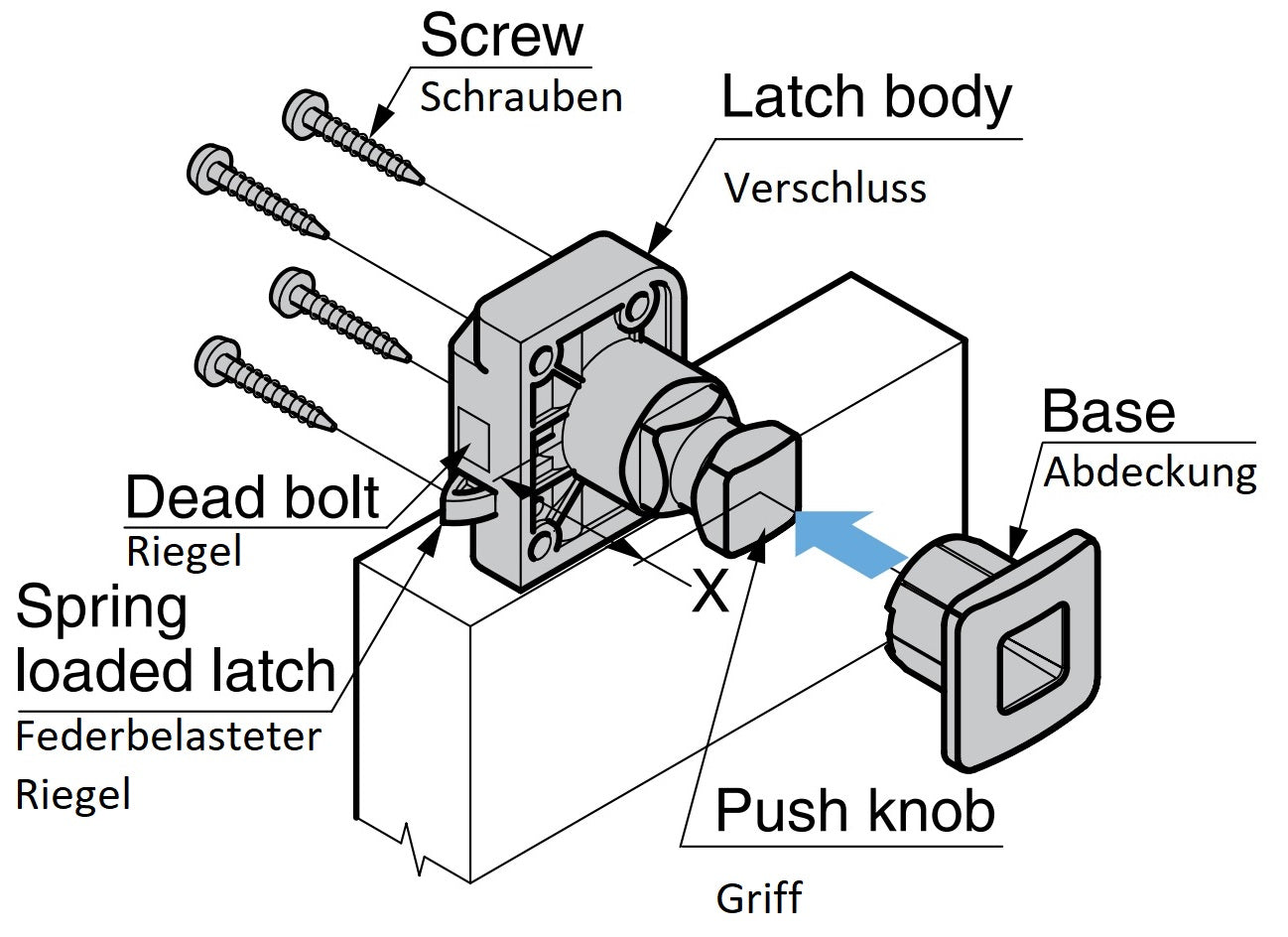 Hochwertiger Druckknopf-Verschluss mit Grifffunktion, aus Messing, Oberfläche: vernickelt, satiniert matt, Ausführung: quadratisch, TLP-S-BB-WB und TLP-LBM(W). Massiver Druckknopf für Yacht und viel mehr, von Sugatsune / LAMP® (Japan)