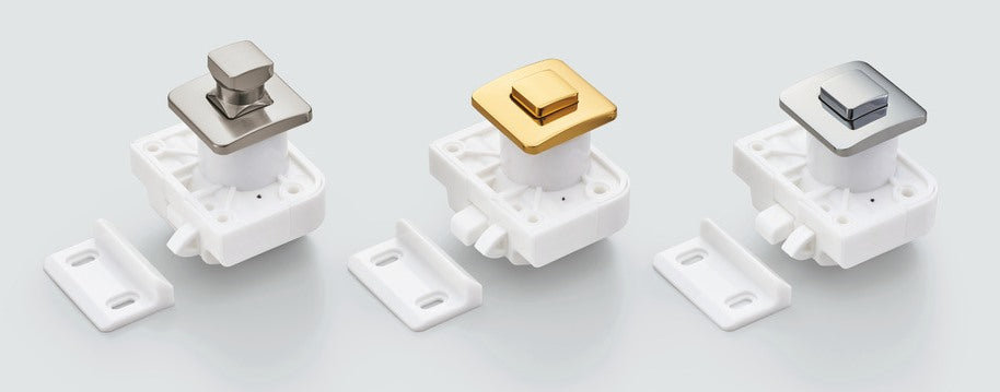 Hochwertiger Druckknopf-Verschluss mit Grifffunktion, aus Messing, Oberfläche: vernickelt, satiniert matt, Ausführung: quadratisch, TLP-S-BB-WB und TLP-LBM(W). Massiver Druckknopf für Yacht und viel mehr, von Sugatsune / LAMP® (Japan)
