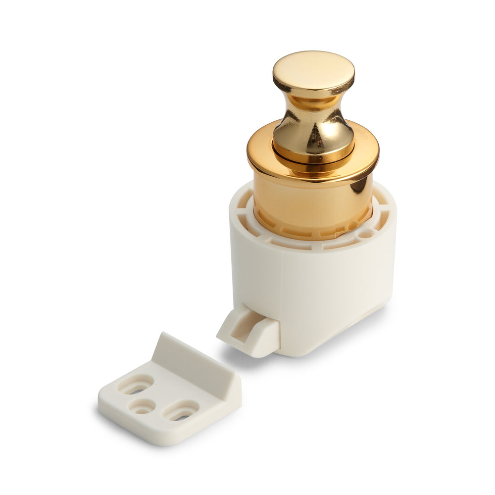 High-quality snap fastener with handle function, made of zinc alloy, surface: gold-colored, glossy polished, PKL-08/GA and PKLW. Solid snap fastener for caravans, yachts, and much more, from Sugatsune / LAMP® (Japan).