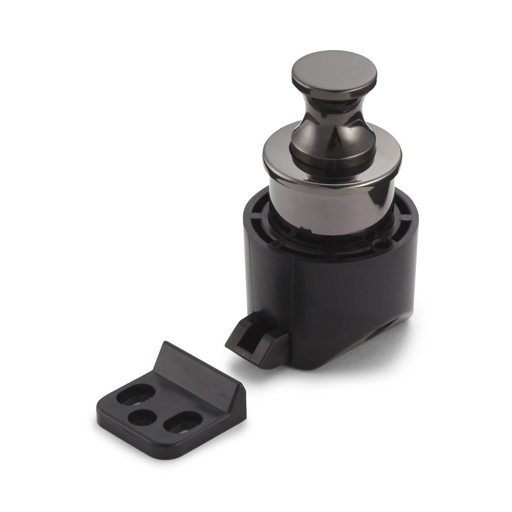 High-quality snap fastener with handle function, made of zinc alloy, finish: black nickel, PKL-08/BN and PKLB. Solid snap fastener for caravans, yachts, and much more, from Sugatsune / LAMP® (Japan)