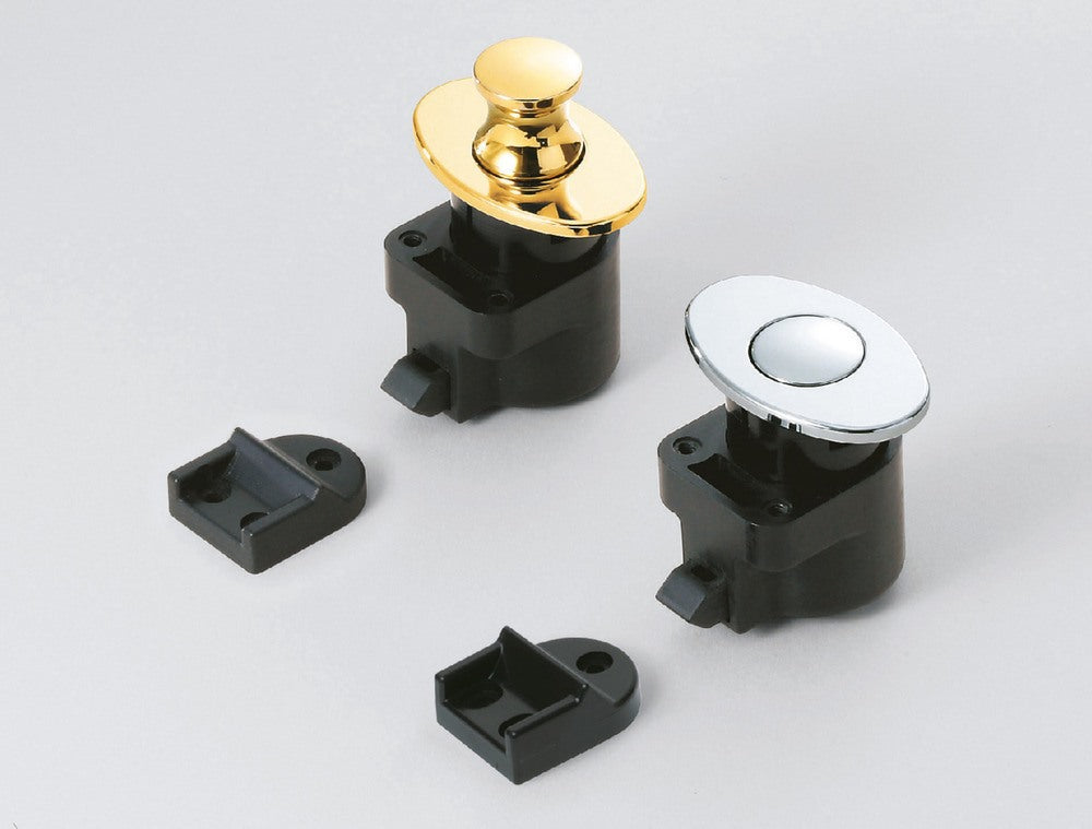 High-quality snap fastener with handle function, made of zinc alloy (ZDC), surface: gold-colored, glossy polished, design: oval, DPL-OV-G. Solid snap fastener for RVs, boats, and much more, from Sugatsune / LAMP® (Japan)