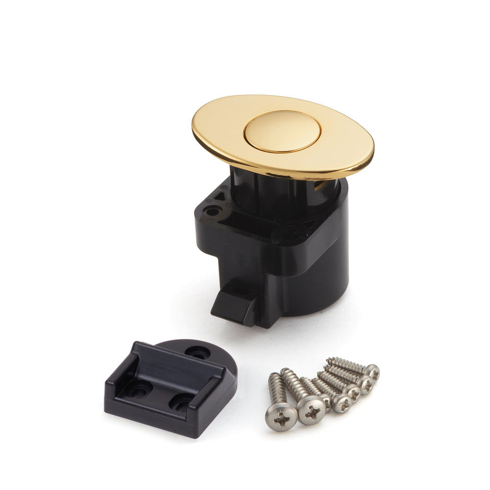 High-quality snap fastener with handle function, made of zinc alloy (ZDC), surface: gold-colored, glossy polished, design: oval, DPL-OV-G. Solid snap fastener for RVs, boats, and much more, from Sugatsune / LAMP® (Japan)