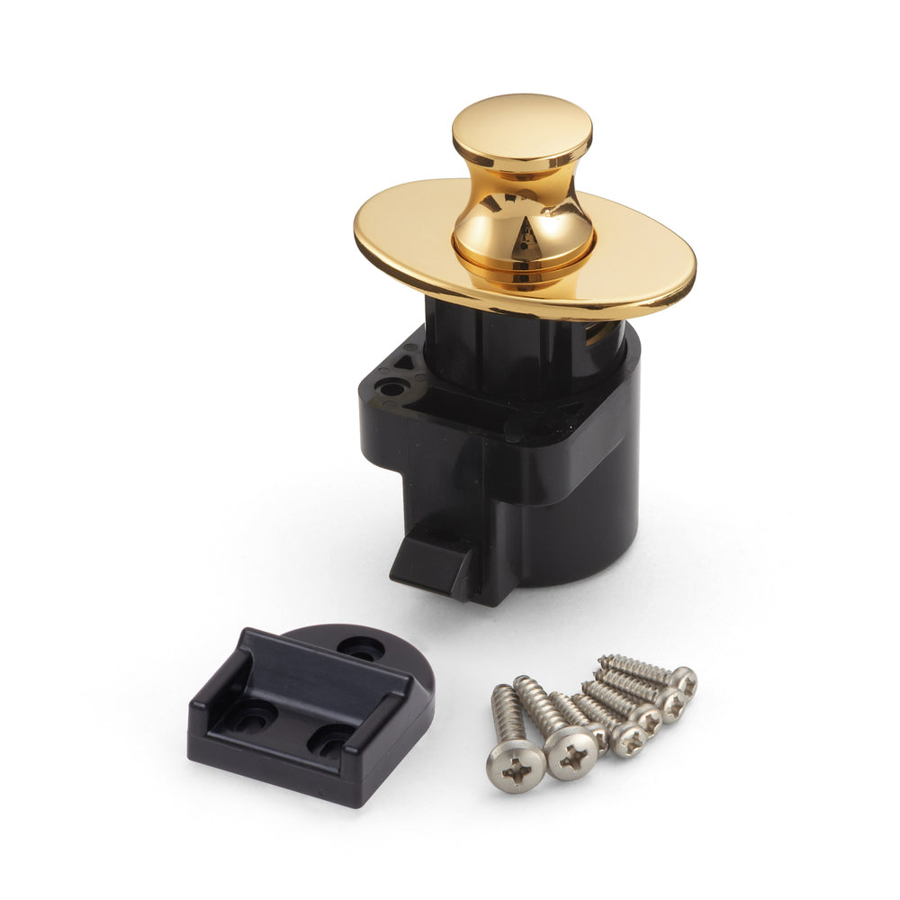 High-quality snap fastener with handle function, made of zinc alloy (ZDC), surface: gold-colored, glossy polished, design: oval, DPL-OV-G. Solid snap fastener for RVs, boats, and much more, from Sugatsune / LAMP® (Japan)