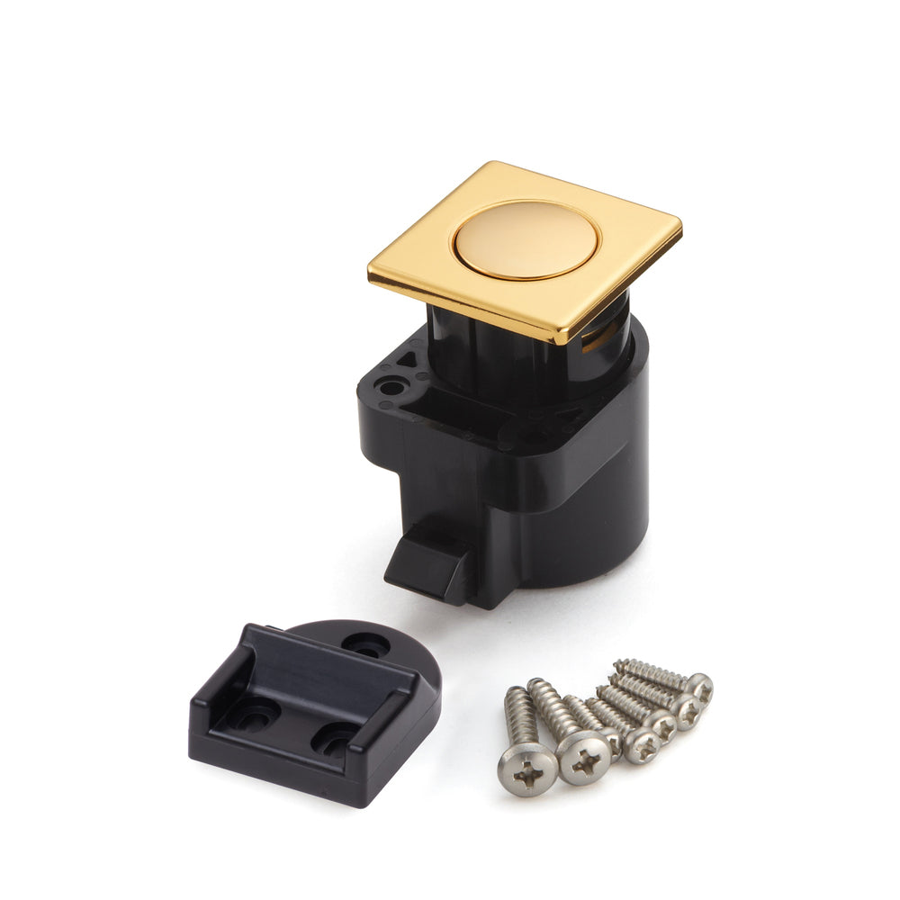 High-quality snap fastener with handle function, made of zinc alloy (ZDC), surface: gold-colored, glossy polished, design: square, DPL-SQ-G. Solid snap fastener for RVs, boats, and much more, from Sugatsune / LAMP® (Japan).