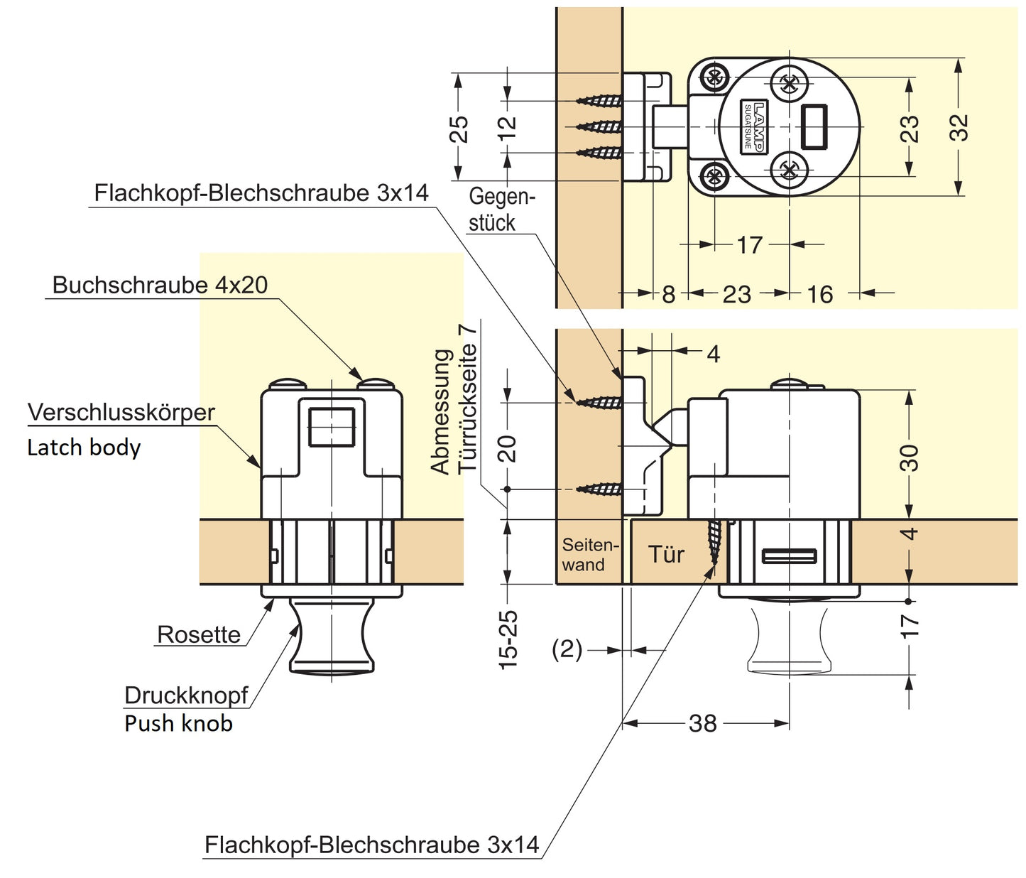 High-quality snap fastener with handle function, made of zinc alloy (ZDC), surface: nickel-plated, satin matte, design: square, DPL-SQ-SN. Solid snap fastener for RVs, boats, and much more, from Sugatsune / LAMP® (Japan).