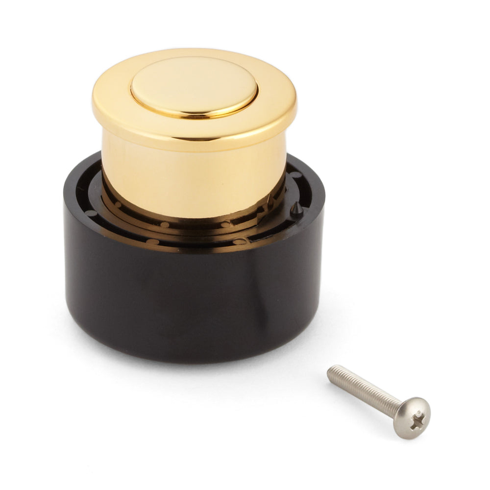 High-quality push-button handle made of zinc alloy, surface: gold-colored, glossy polished PK03GA. High-quality, solid and elegant push-lock made of ZDC for drawers, RV furniture, boats, private aircraft, and much more, from Sugatsune / LAMP® (Japan)
