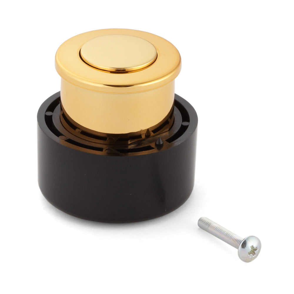 High-quality push-button handle made of zinc alloy, surface: gold-colored, glossy polished, PK04GA. High-quality, solid and elegant push-lock made of ZDC for drawers, RV furniture, boats, private aircraft, and much more, from Sugatsune / LAMP® (Japan)