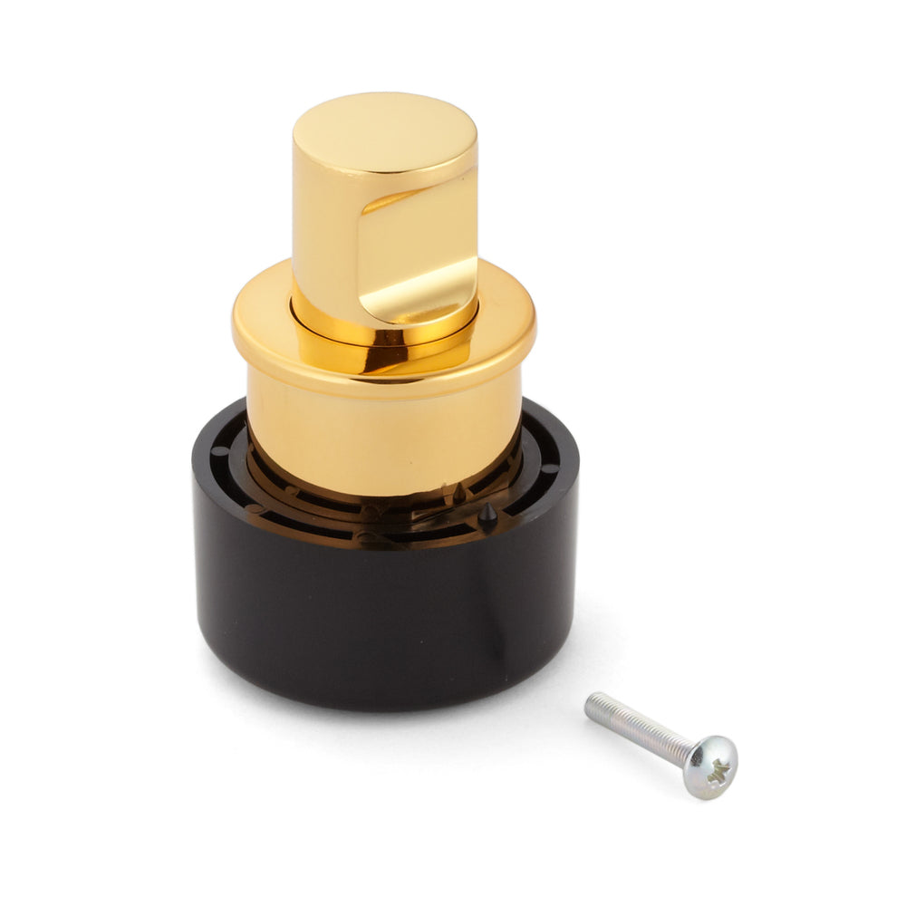 High-quality push-button handle made of zinc alloy, surface: gold-colored, glossy polished, PK04GA. High-quality, solid and elegant push-lock made of ZDC for drawers, RV furniture, boats, private aircraft, and much more, from Sugatsune / LAMP® (Japan)