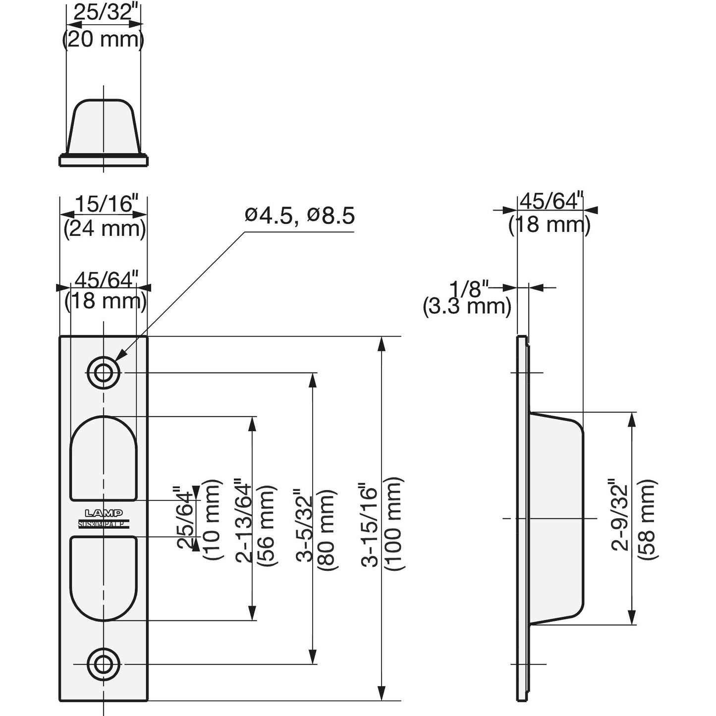 Stainless steel finger pull, V2A (SUS304), 100 mm (4") YK-W100. High-quality stainless steel finger pull made of V2A (SUS304), satin-finished, for sliding doors, bathrooms, ships, and humid environments from Sugatsune / LAMP® (Japan).