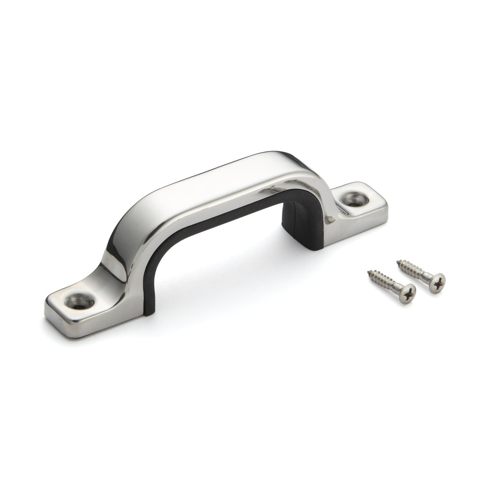 V2A (SUS304) stainless steel rubber grip, 120 mm (4.8") US-120M. High-quality V2A (SUS304) stainless steel rubber grip, glossy polished, for ships, boats, and humid environments from Sugatsune / LAMP® (Japan)