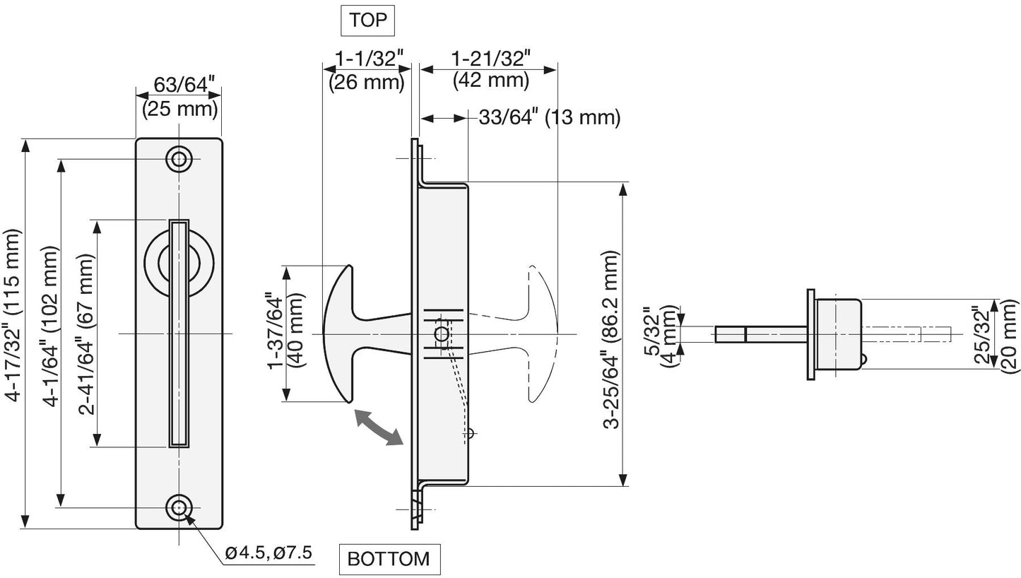 Stainless steel folding handle SUS304, 115 mm (4.6") ST-115. Stainless steel folding handle made of V2A stainless steel, satin finish, for ceiling doors, inspection hatches, damp environments, ships, and caravans from Sugatsune / LAMP® (Japan)