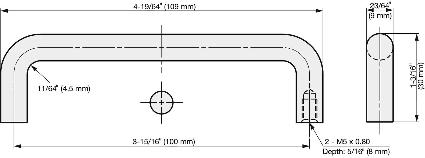 Stainless steel door handle V2A (SUS304), 109 mm (4.3") H-42-C-2. High-quality stainless steel door handle made of V2A (SUS304), glossy polished, for humid environments, ships, food processing, and medical applications from Sugatsune / LAMP® (Japan).