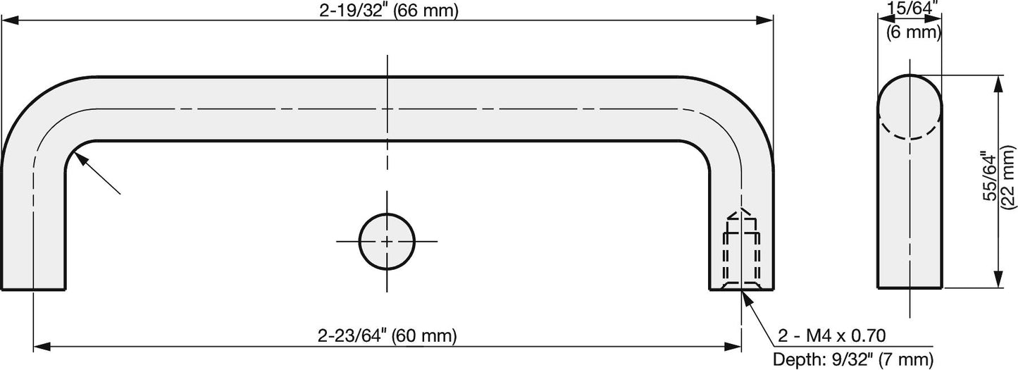 Stainless steel door handle V2A (SUS304), 66 mm (2.6") H-42-C-8. High-quality stainless steel door handle made of V2A (SUS304), polished finish, for humid environments, ships, food processing, and medical applications from Sugatsune / LAMP® (Japan).