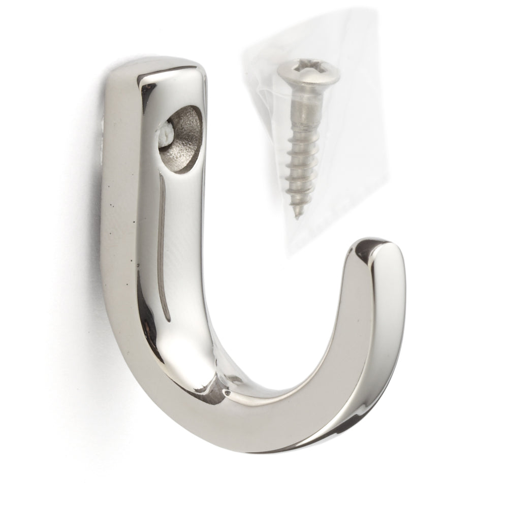High-quality stainless steel hook, made of solid stainless steel, load capacity: 16 kg, 34 mm (1.4"), TA3L. Stainless steel wall hook for coat racks, bathrooms, outdoor areas, swimming pools, and much more, from Sugatsune / LAMP® (Japan)