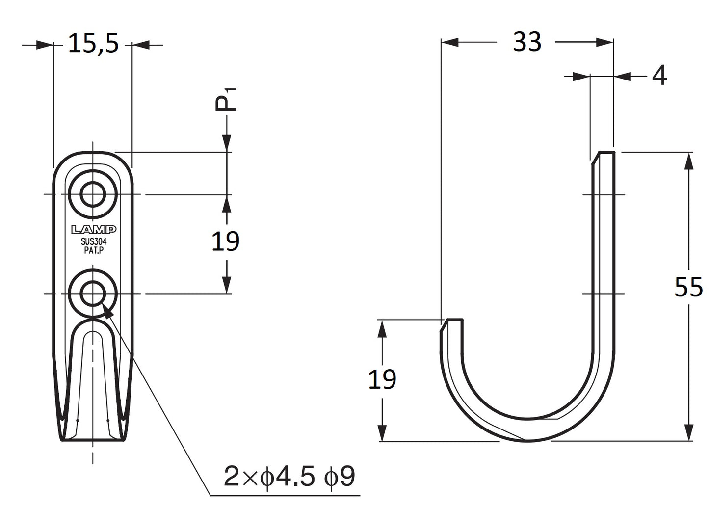 High-quality stainless steel hook, made of solid stainless steel, load capacity: 10 kg, surface: glossy polished, 55 mm (2.2"), XL-HJT55M. Stainless steel wall hook for coat racks, bathrooms, outdoor areas, and much more, by Sugatsune / LAMP® (Japan)