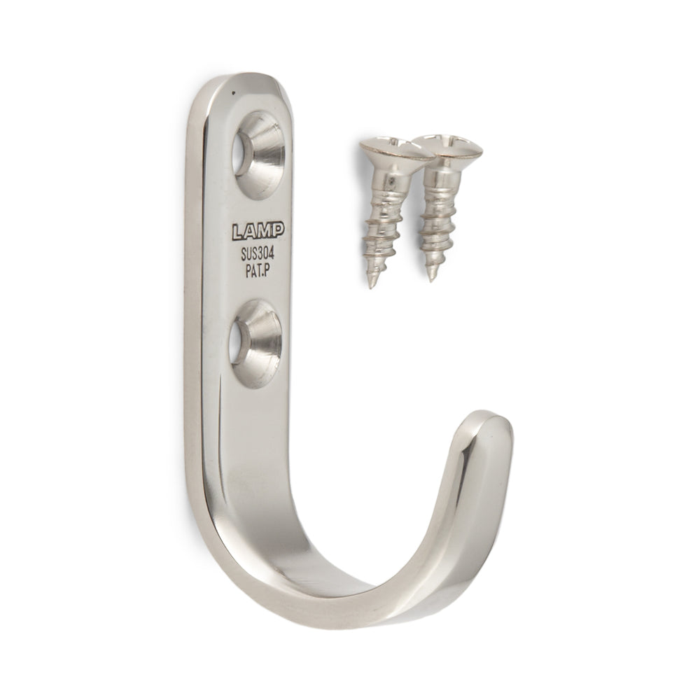 High-quality stainless steel hook, made of solid stainless steel, load capacity: 10 kg, surface: glossy polished, 55 mm (2.2"), XL-HJT55M. Stainless steel wall hook for coat racks, bathrooms, outdoor areas, and much more, by Sugatsune / LAMP® (Japan)