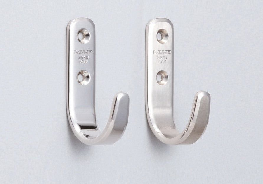 High-quality stainless steel hook, made of solid stainless steel, load capacity: 10 kg, surface: matte and polished, 55 mm (2.2"), XL-HJT55TT. Stainless steel wall hook for coat racks, bathrooms, outdoor areas, and much more, by Sugatsune / LAMP® (Japan)