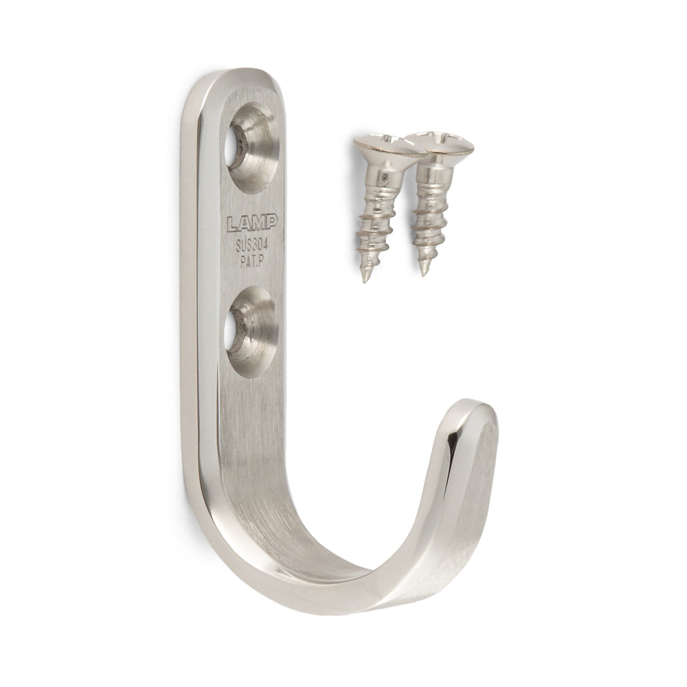 High-quality stainless steel hook, made of solid stainless steel, load capacity: 10 kg, surface: matte and polished, 55 mm (2.2"), XL-HJT55TT. Stainless steel wall hook for coat racks, bathrooms, outdoor areas, and much more, by Sugatsune / LAMP® (Japan)