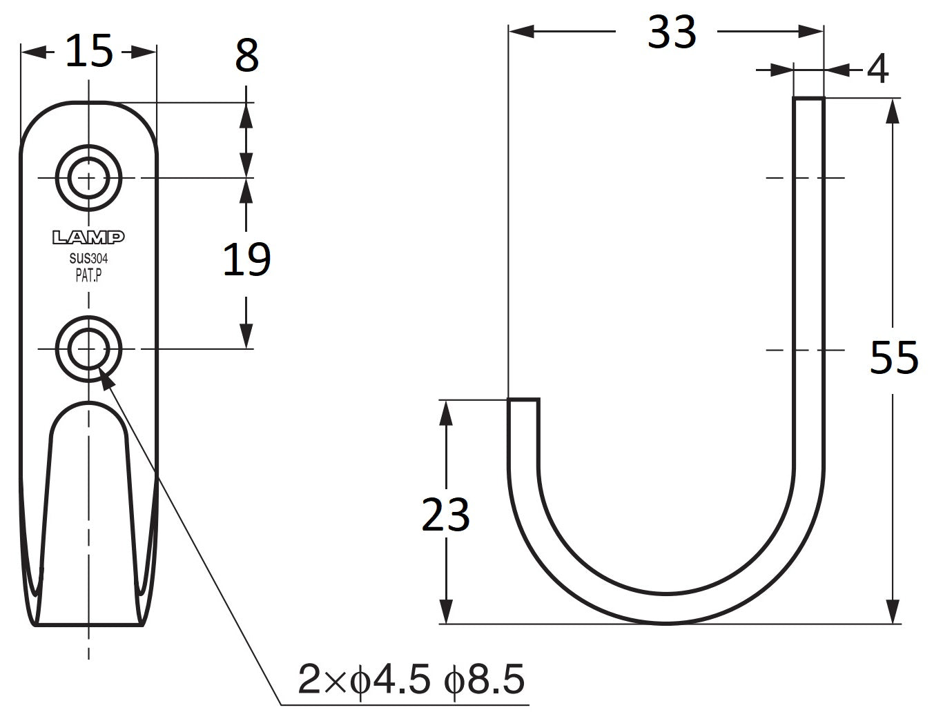 High-quality stainless steel hook, made of solid stainless steel, load capacity: 10 kg, surface: satin matte, 55 mm (2.2"), HJT-55S. Stainless steel wall hook for coat racks, bathrooms, outdoor areas, and much more, by Sugatsune / LAMP® (Japan)