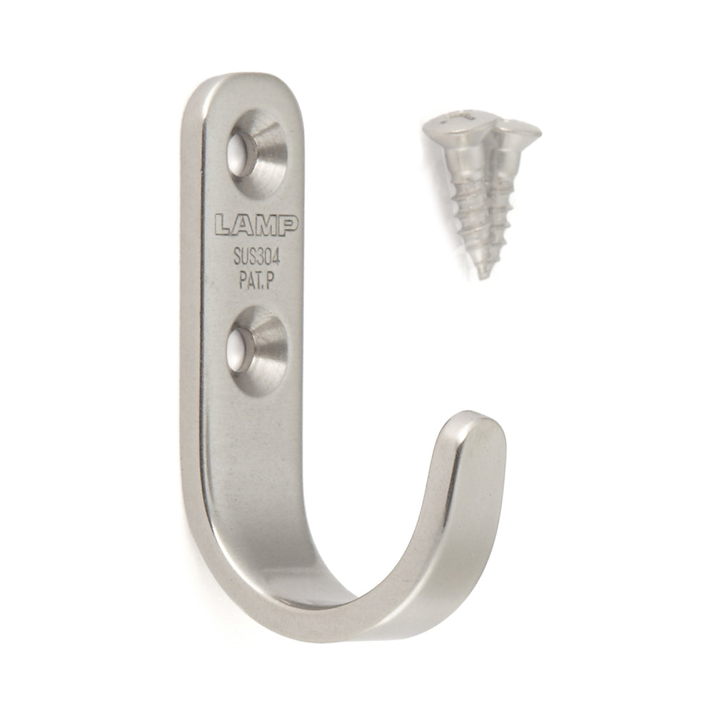 High-quality stainless steel hook, made of solid stainless steel, load capacity: 10 kg, surface: satin matte, 55 mm (2.2"), HJT-55S. Stainless steel wall hook for coat racks, bathrooms, outdoor areas, and much more, by Sugatsune / LAMP® (Japan)