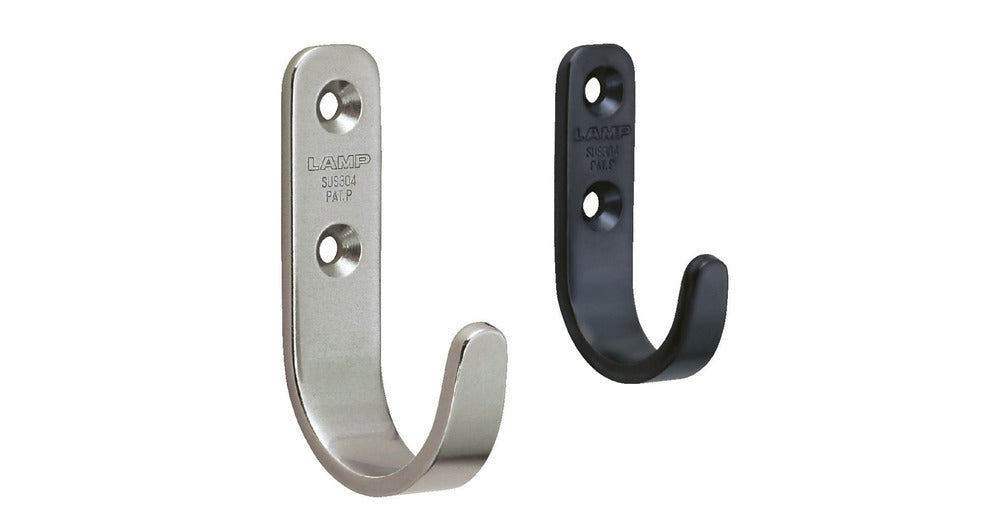 High-quality stainless steel hook, made of solid stainless steel, load capacity: 10 kg, finish: black, 55 mm (2.2"), HJT-55SBL. Stainless steel wall hook for coat racks, bathrooms, outdoor areas, and much more, from Sugatsune / LAMP® (Japan)