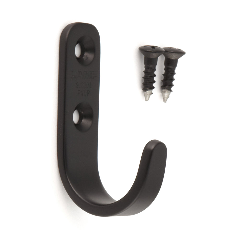 High-quality stainless steel hook, made of solid stainless steel, load capacity: 10 kg, finish: black, 55 mm (2.2"), HJT-55SBL. Stainless steel wall hook for coat racks, bathrooms, outdoor areas, and much more, from Sugatsune / LAMP® (Japan)