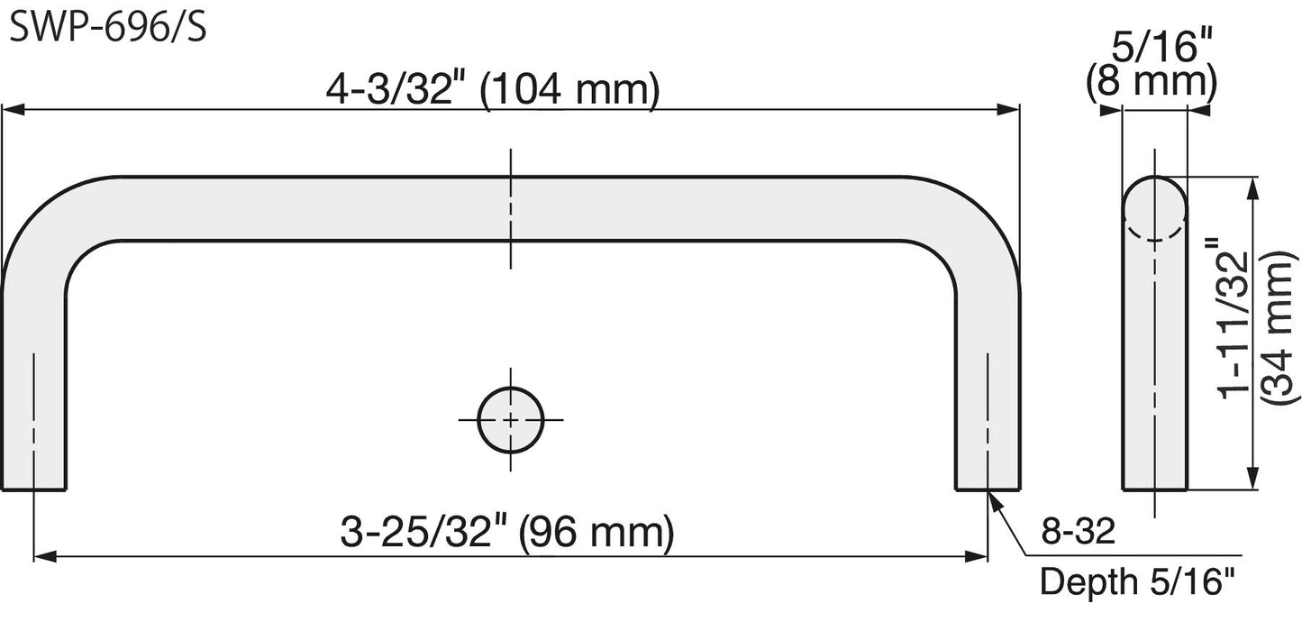 Edelstahlmöbelgriff SUS316, 104 mm (4,1″) SWP-696/S. Bügelgriff, aus feinstem korrosionsfreiem Edelstahl V4A (SUS316) für hochwertige Einrichtungen, sowie für den Außenbereich, feuchte, raue und hochkorrosive Umgebungen von Sugatsune / LAMP® (Japan)