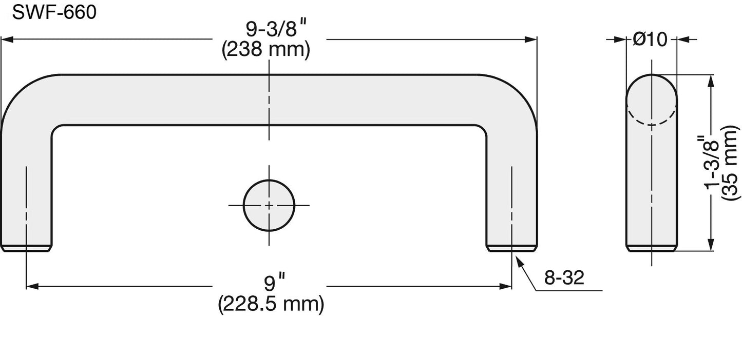 Edelstahlmöbelgriff SUS316, 238 mm (9,4″) SWF-690. Bügelgriff, aus feinstem korrosionsfreiem Edelstahl V4A (SUS316) für hochwertige Einrichtungen, sowie für den Außenbereich, feuchte, raue und hochkorrosive Umgebungen von Sugatsune / LAMP® (Japan)