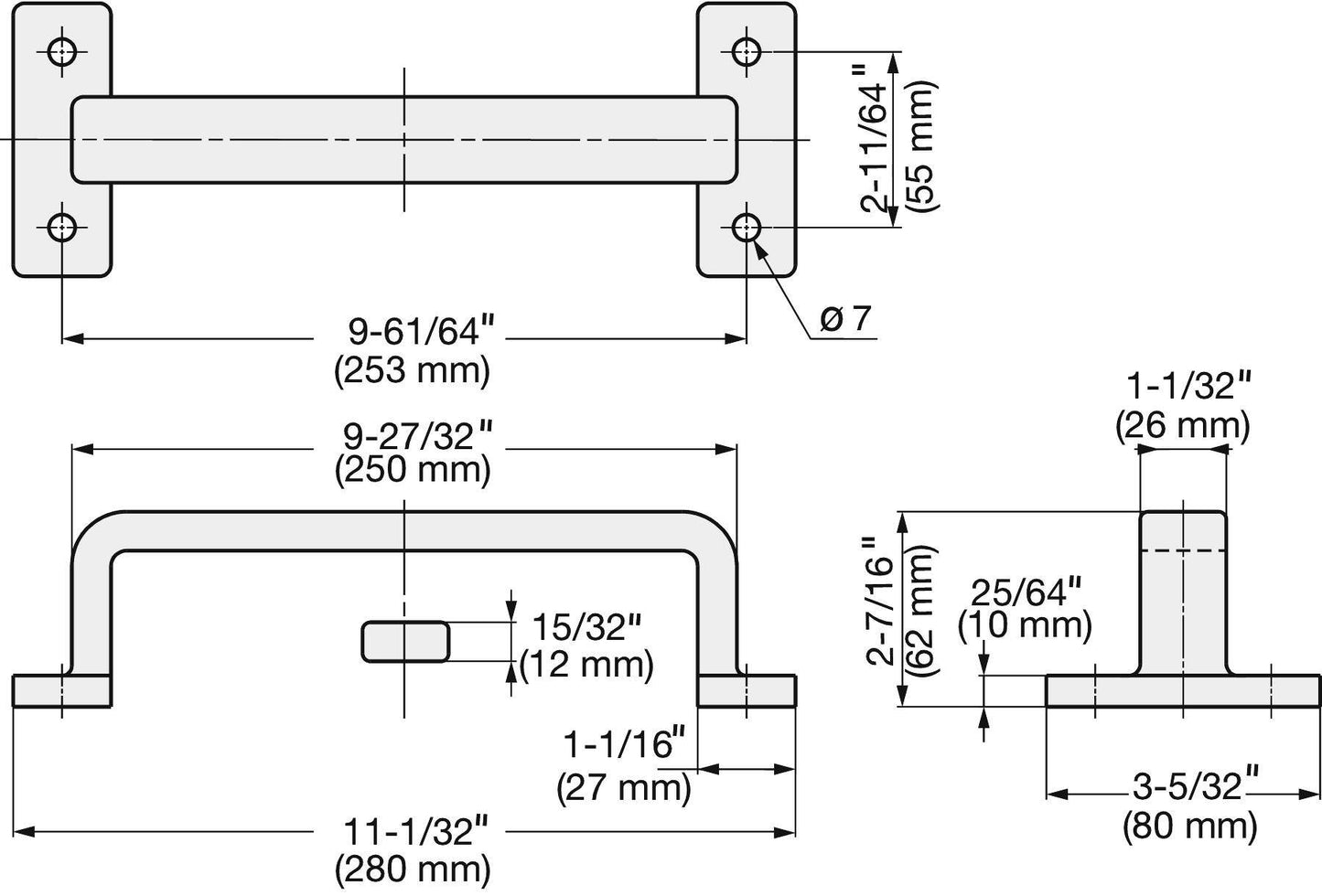 Edelstahlmöbelgriff SUS316, 280 mm (11,1″) FT-280. Massiver stabiler Griff aus feinstem korrosionsfreiem Edelstahl V4A (SUS316) für hochwertige Einrichtungen, Außenbereich, feuchte, raue und hochkorrosive Umgebungen von Sugatsune / LAMP® (Japan)