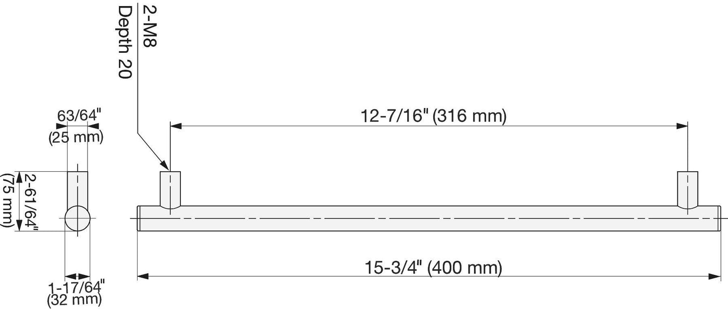 SUS304 stainless steel door handle, 400 mm (15.8") SSH-3240. Solid stainless steel door handle made of V2A stainless steel, satin finish, for interior doors, production machines, trains, buses, and special vehicles, from Sugatsune / LAMP® (Japan)