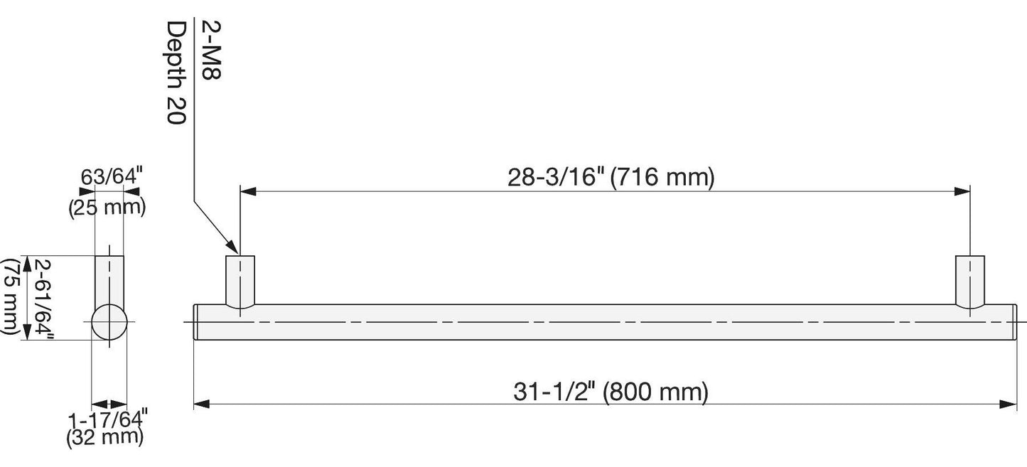 SUS304 stainless steel door handle, 800 mm (31.5") SSH-3280. Solid stainless steel door handle made of V2A stainless steel, satin finish, for interior doors, production machines, trains, buses, and special vehicles, from Sugatsune / LAMP® (Japan)