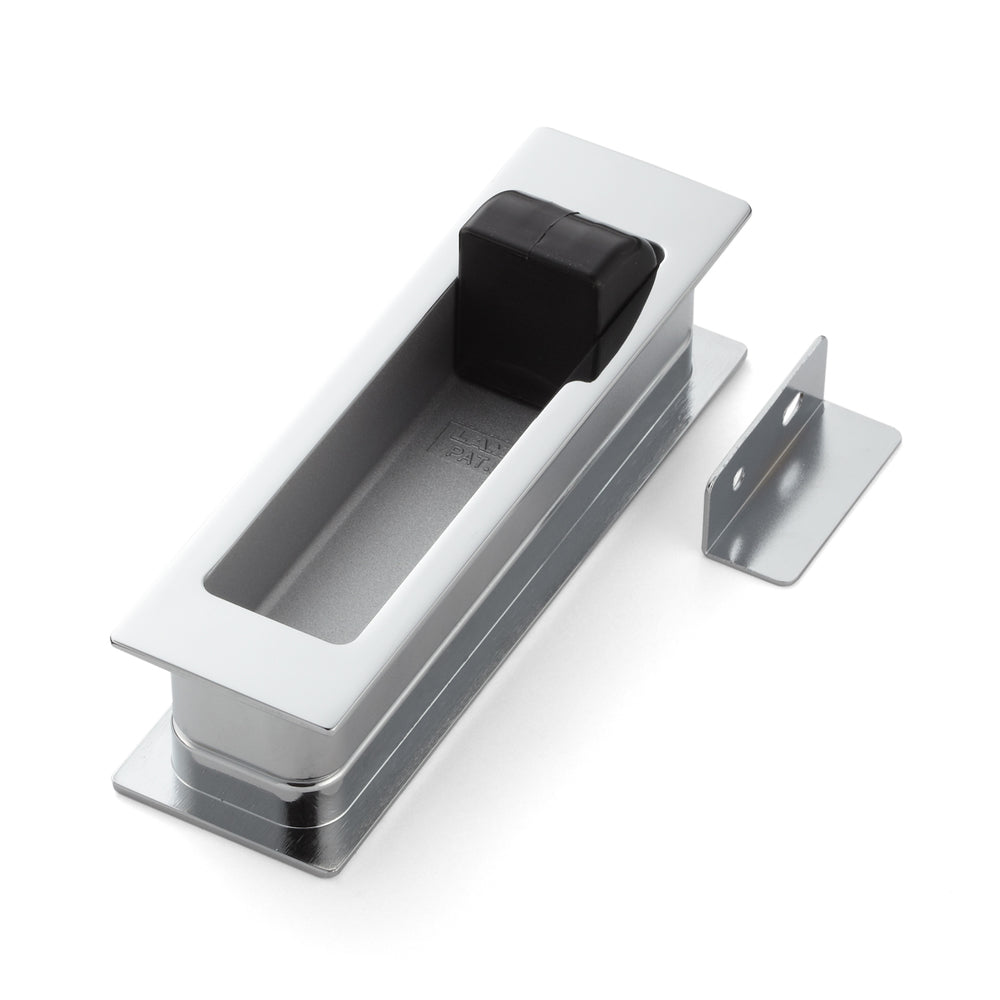 Zinc alloy flush pull with integrated fold-out door stop, chrome-plated finish, 135 mm (5.4") HH-P135CR. HH-P135CR flush pull with buffer for sliding doors, from Sugatsune / LAMP® (Japan)