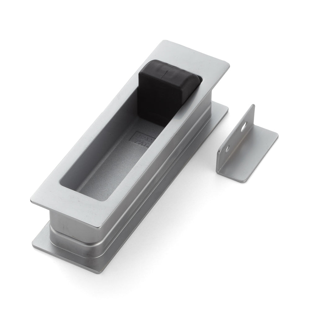 Zinc alloy flush pull handle with integrated fold-out doorstop, finish: chrome-plated, satin matt, 135 mm (5.4") HH-P135DC. HH-P135DC flush pull handle with buffer for sliding doors, from Sugatsune / LAMP® (Japan)