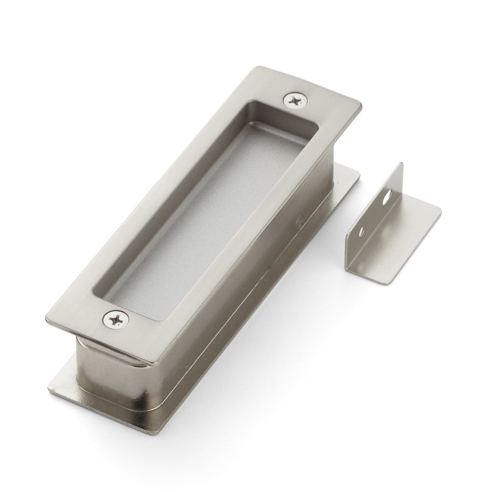 Recessed pull handle made of zinc alloy with integrated fold-out doorstop, finish: nickel-plated, satin matte, 135 mm (5.4") HH-P135SN. Recessed pull handle HH-P135SN with buffer for sliding doors, from Sugatsune / LAMP® (Japan)