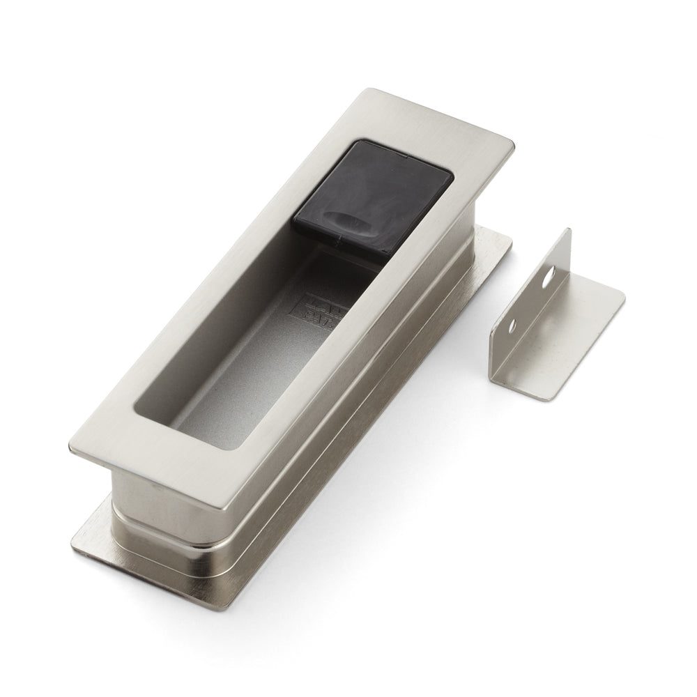 Recessed pull handle made of zinc alloy with integrated fold-out doorstop, finish: nickel-plated, satin matte, 135 mm (5.4") HH-P135SN. Recessed pull handle HH-P135SN with buffer for sliding doors, from Sugatsune / LAMP® (Japan)