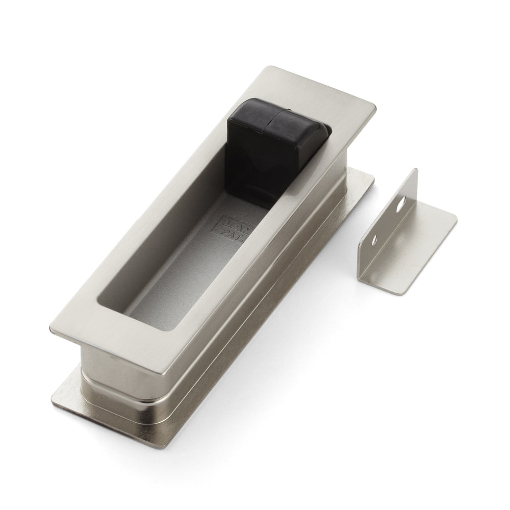 Recessed pull handle made of zinc alloy with integrated fold-out doorstop, finish: nickel-plated, satin matte, 135 mm (5.4") HH-P135SN. Recessed pull handle HH-P135SN with buffer for sliding doors, from Sugatsune / LAMP® (Japan)