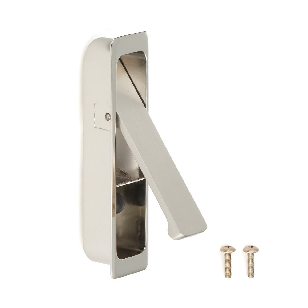 Poignée pliante encastrée en alliage de zinc, surface : nickelée, satinée mate, 100 mm (4″) FH-100AK-00. Poignée encastrée FH-100AK-00 pour meubles de bureau, meubles de maison, armoires de cuisine, de Sugatsune / LAMP® (Japon)