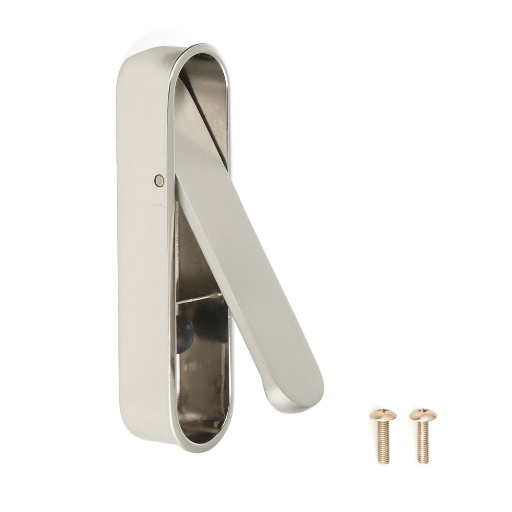 Poignée pliante encastrée en alliage de zinc, surface : nickelée, satinée mate, 97 mm (3,9″) FH-100AM-00. Poignée encastrée FH-100AM-00 pour meubles de bureau, meubles de maison, armoires de cuisine, de Sugatsune / LAMP® (Japon)