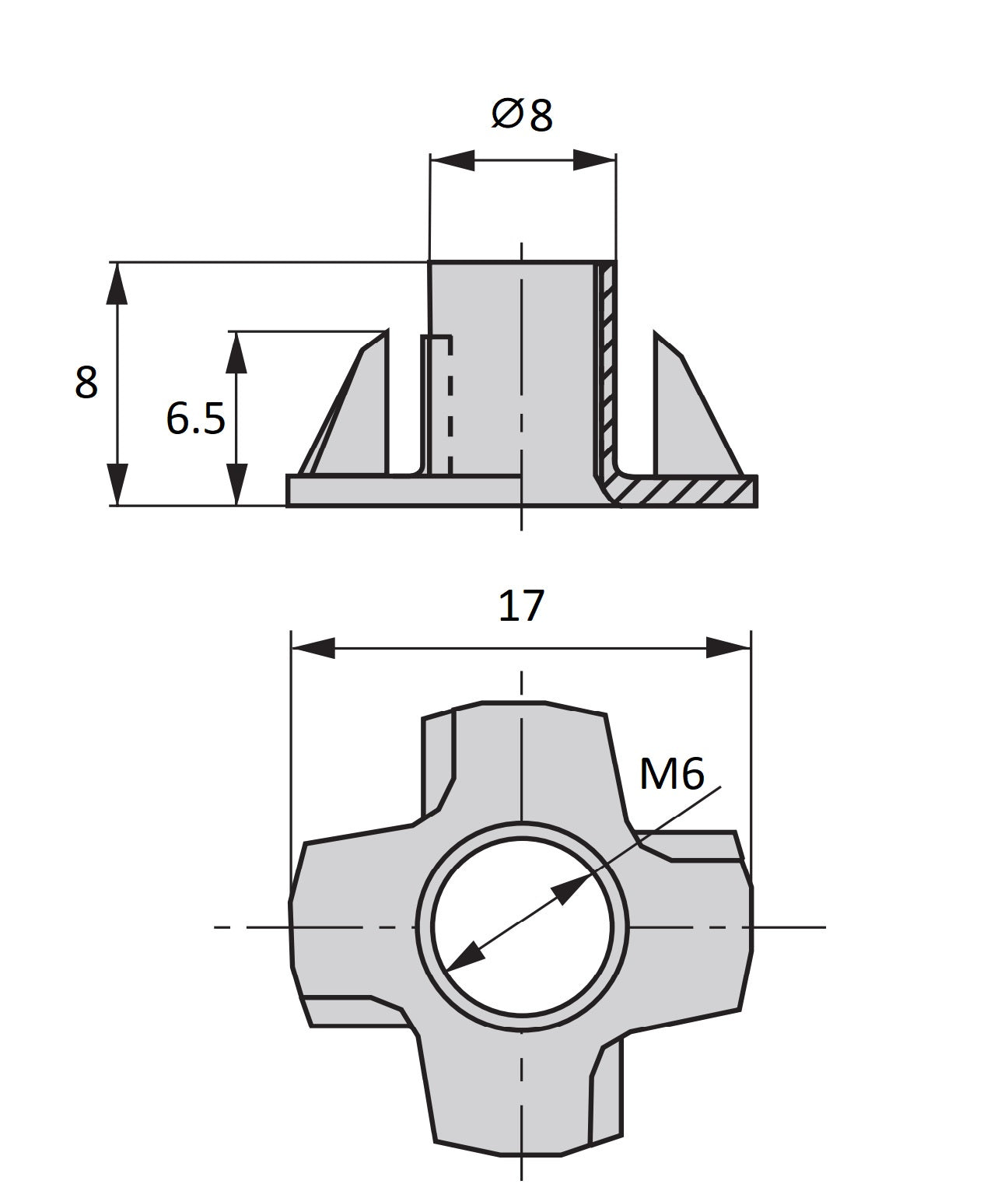 4 Stück Einschlagmutter mit M6 Gewinde, aus robustem Stahl, Oberfläche: verzinkt, 8 mm (0,4″), 3007005. Einschlaggewinde (drive-in nut), für Schraube, Sofafuß, Schrankfuß, Möbelrolle, Fertighausbau, Klettergriff und viel mehr, von EMUCA