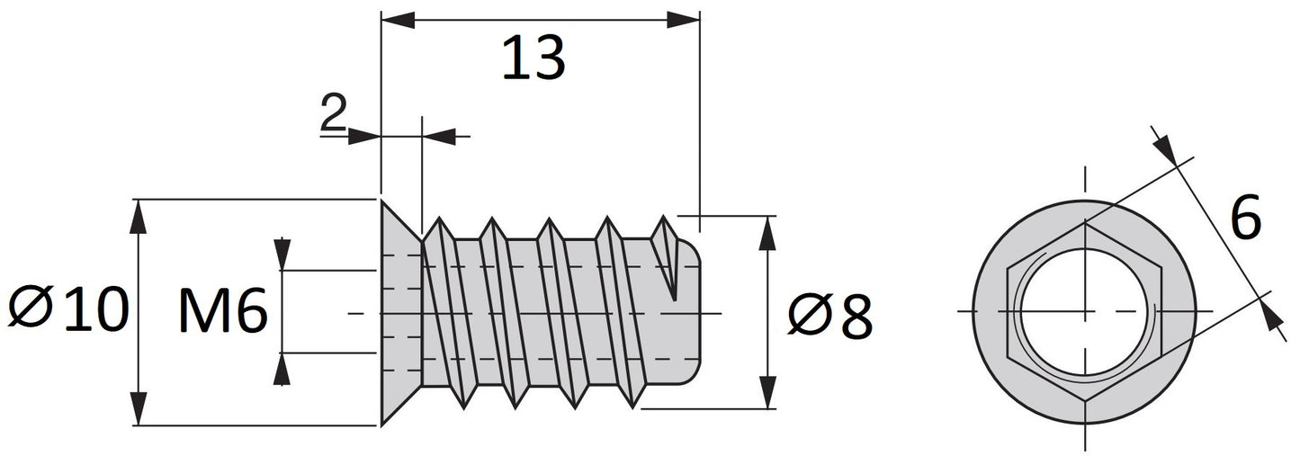20 pieces of high-quality screw-in socket with M6 internal thread, countersunk head with hexagon socket and cover edge, made of solid die-cast zinc, 13 mm (0.6″), 8008001. Screw-in nut for furniture, wood panels, chipboard, tables and much more, by EMUCA