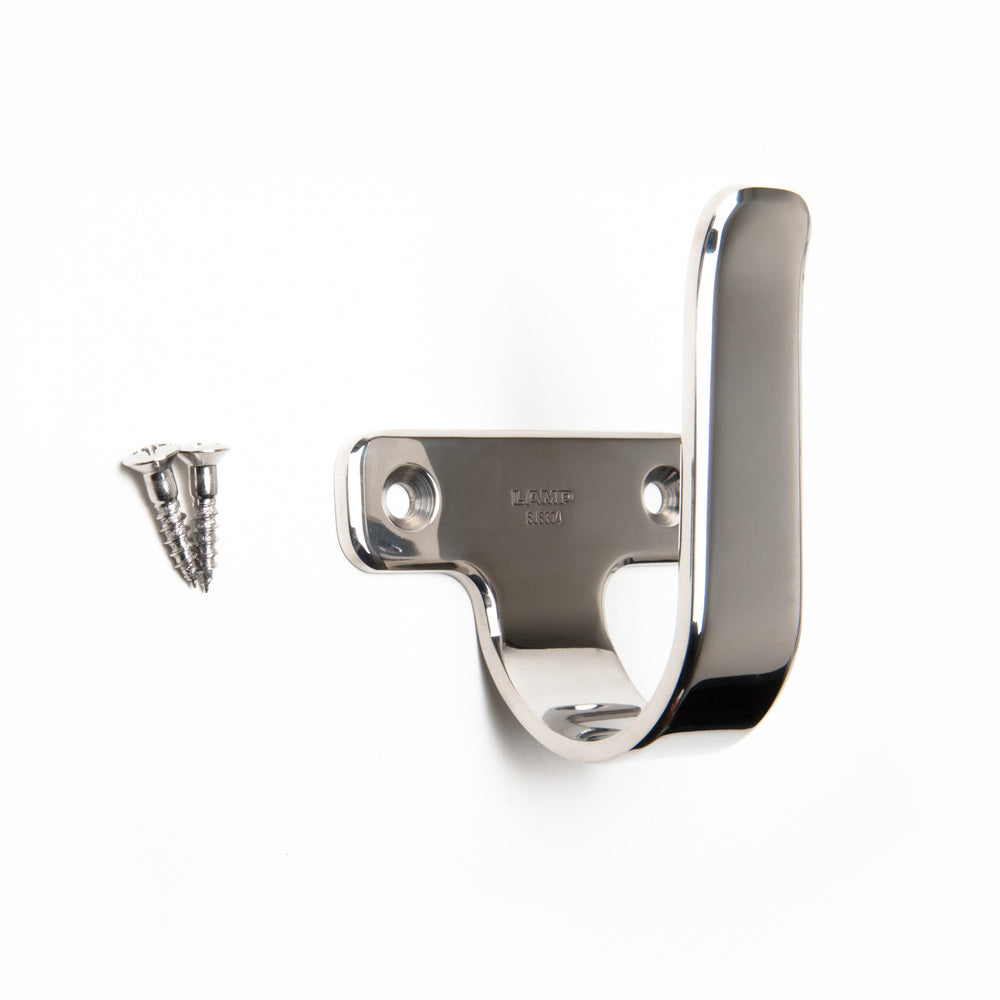 High-quality, large, universal hook made of SUS304 stainless steel, surface: glossy polished, 85 mm (3.4"), 5H-85M. V2A towel hook for bathrooms, shipbuilding, RVs, outdoors, humid environments, and much more, from Sugatsune / LAMP® (Japan)