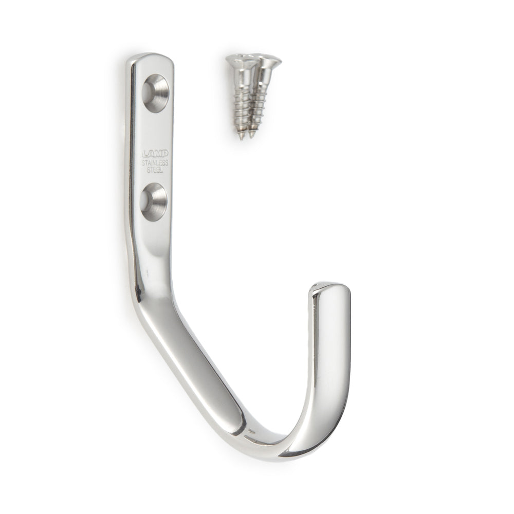 High-quality, large, universal hook with extra-long wall clearance, made of stainless steel, surface: glossy polished, 50 mm (2"), JF50M. V2A towel hook for shipbuilding, outdoor use, and much more, from Sugatsune / LAMP® (Japan)