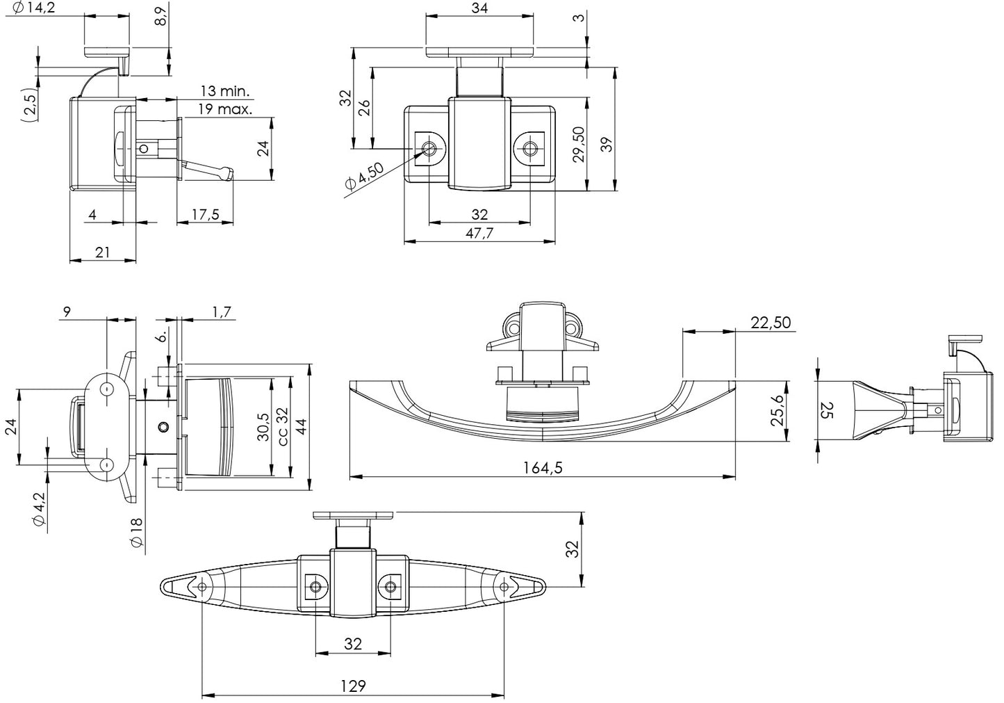 High-quality lever handle lock, made of Zamak, surface: chrome-plated, 14.03.080-0+14.03.080-5 for yachts, caravans, private jets, and caravans