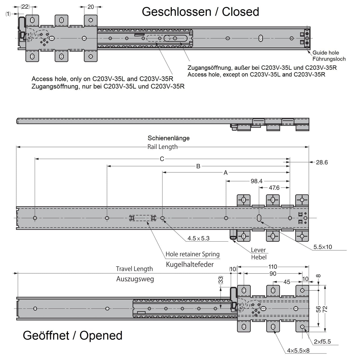 A pair of invisible under-cabinet slides, pull-out rails for the display case. Concealed drawer slides for high-end shopfitting (left and right) C203V from Sugatsune / LAMP® (Japan)