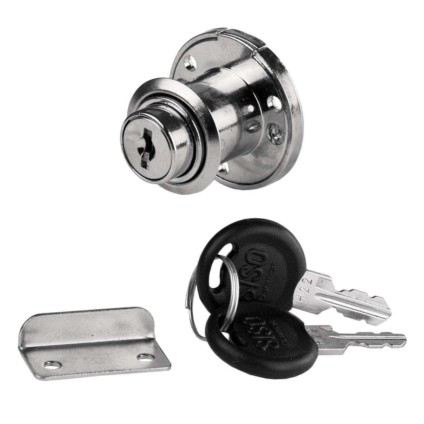 Serrure à clapet de haute qualité en Zamak avec rosace cylindrique et deux clés, y compris gâche, 19 mm (0,8″), modèle : clé différente, 14.07.105-0. Serrure de clapet d'entrée en zamak pour clapets, armoires et bien plus encore, de SISO Danemark