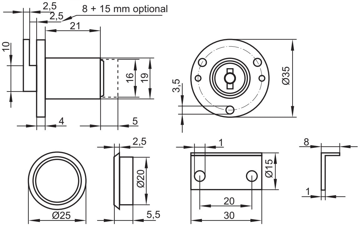 Serrure à clapet de haute qualité en Zamak avec rosace cylindrique et deux clés, y compris gâche, 19 mm (0,8″), modèle : clé différente, 14.07.105-0. Serrure de clapet d'entrée en zamak pour clapets, armoires et bien plus encore, de SISO Danemark