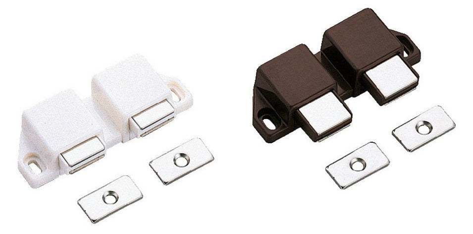 Compact magnetic push-button catch, including counterplate, surface: white, 25 mm (63/64″), design: with 2 plungers, ML-30WW for furniture doors, cabinet doors