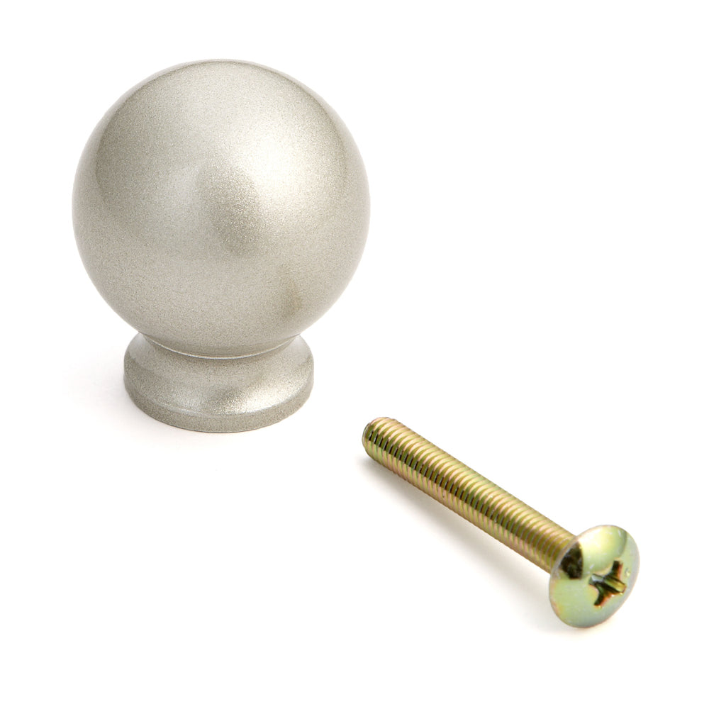 Spherical furniture knob made of robust aluminum alloy, nickel-plated finish, 25 mm (1"), KK-B25SNI. The KK-B25SNI knob is suitable for drawers, furniture doors, kitchen cabinets, office cabinets, and much more, from Sugatsune / LAMP® (Japan).